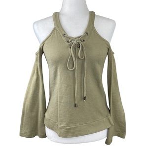 J.O.A Los Angeles Cold Shoulder Bell Sleeve Green Ribbed Boho Peasant Top XS
